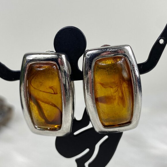 Vintage Faux Amber Silver Tone Rectangle Clip-on Earrings 1.25" X .75" - Picture 2 of 8